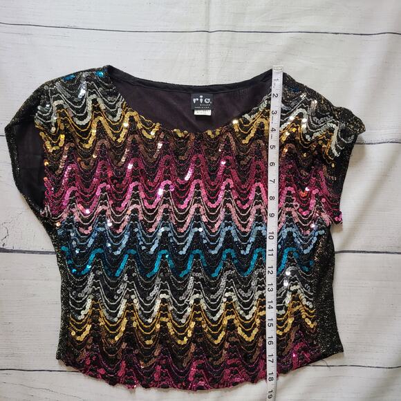 Rio Blouse Size S Vintage Rainbow Sequin Structured Short Sleeve Top Gold Back - Picture 4 of 8